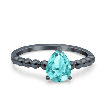 Teardrop Art Deco Pear Wedding Ring Black Tone, Simulated Paraiba Tourmaline CZ 925 Sterling Silver
